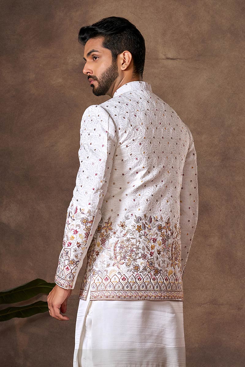 Premium White Silk Indo-Western Sherwani Jacket Set RTI