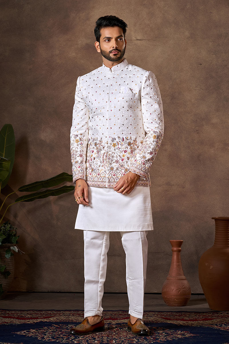 Premium White Silk Indo-Western Sherwani Jacket Set RTI