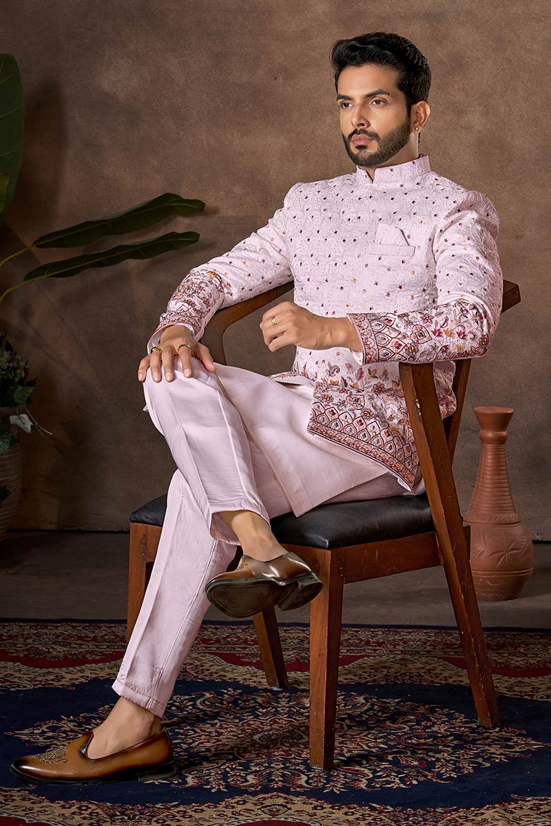Light Pink Silk Indo-Western Jacket Set for Weddings RTI