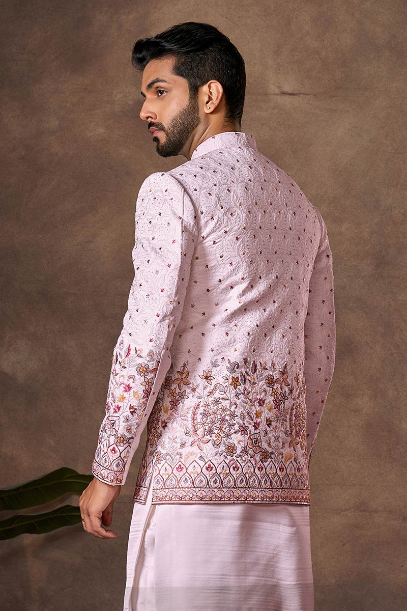 Light Pink Silk Indo-Western Jacket Set for Weddings RTI