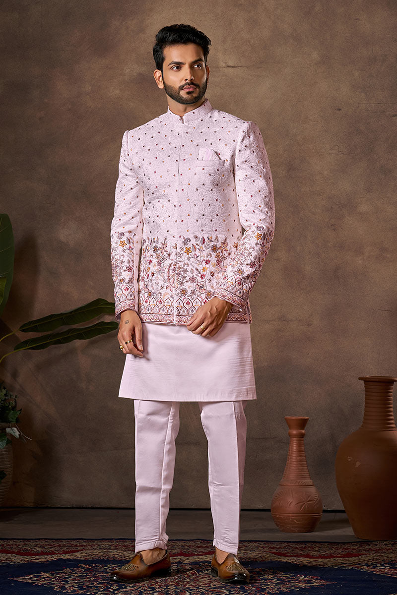 Light Pink Silk Indo-Western Jacket Set for Weddings RTI