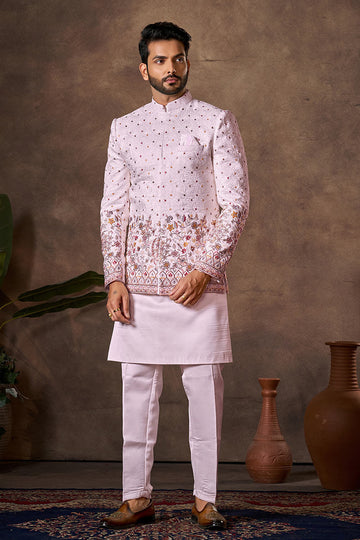 Light Pink Silk Indo-Western Jacket Set for Weddings RTI