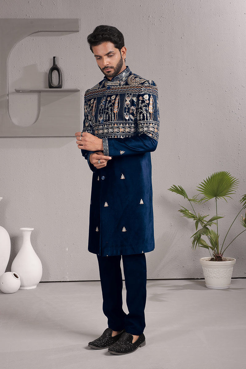 Royal Blue Floral Indo-Western Set | Designer Wear for Occasions RTI