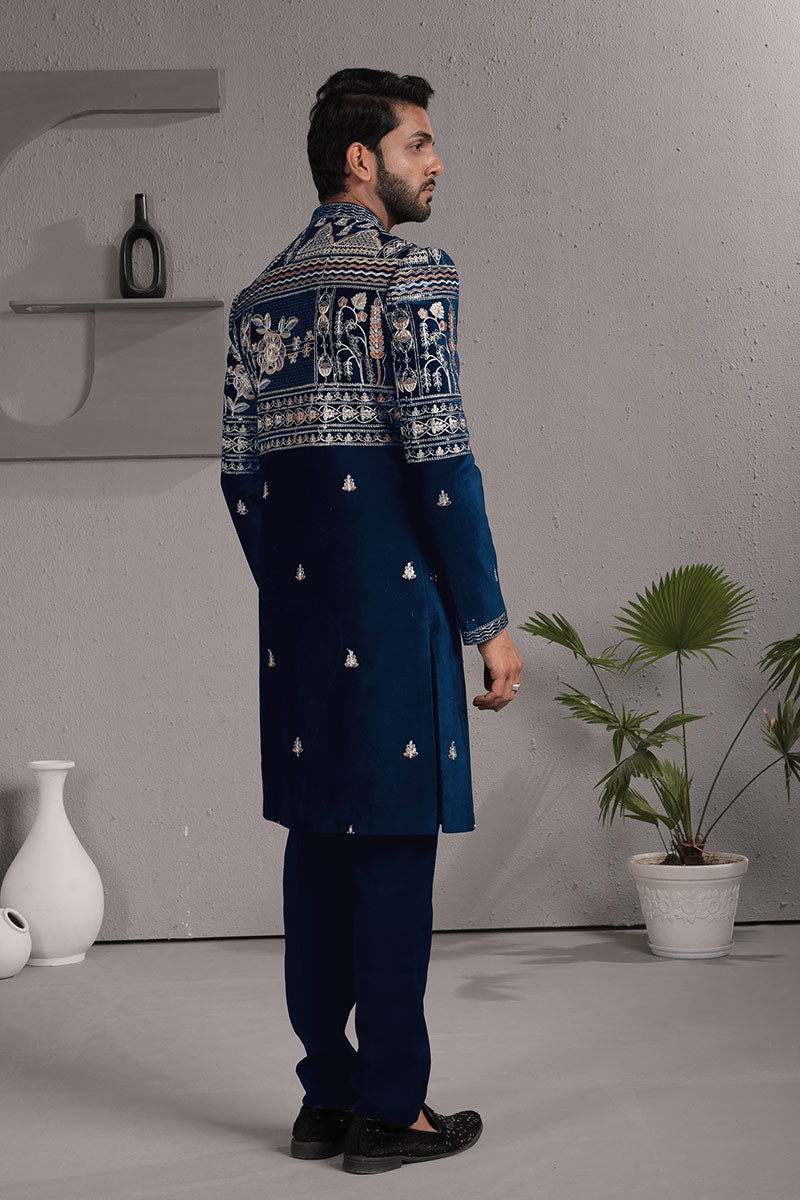 Royal Blue Floral Indo-Western Set | Designer Wear for Occasions RTI