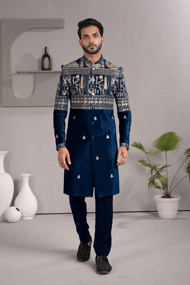 Royal Blue Floral Indo-Western Set | Designer Wear for Occasions RTI