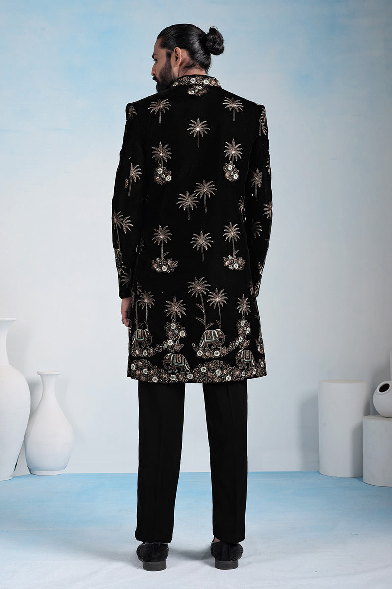 Classic Black Embroidered Indo-Western Velvet Jacket Set RTI