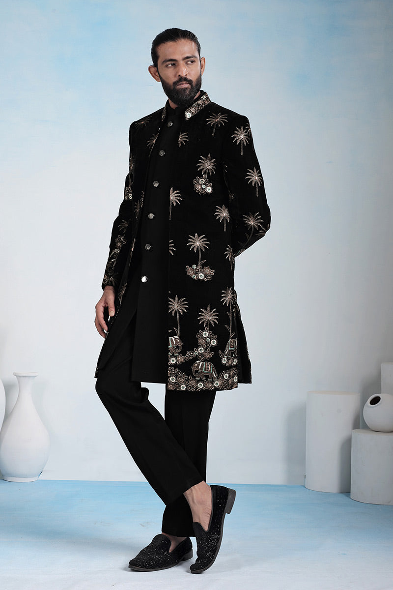 Classic Black Embroidered Indo-Western Velvet Jacket Set RTI