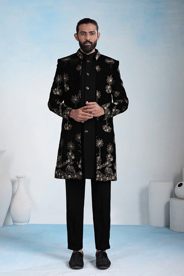 Classic Black Embroidered Indo-Western Velvet Jacket Set RTI