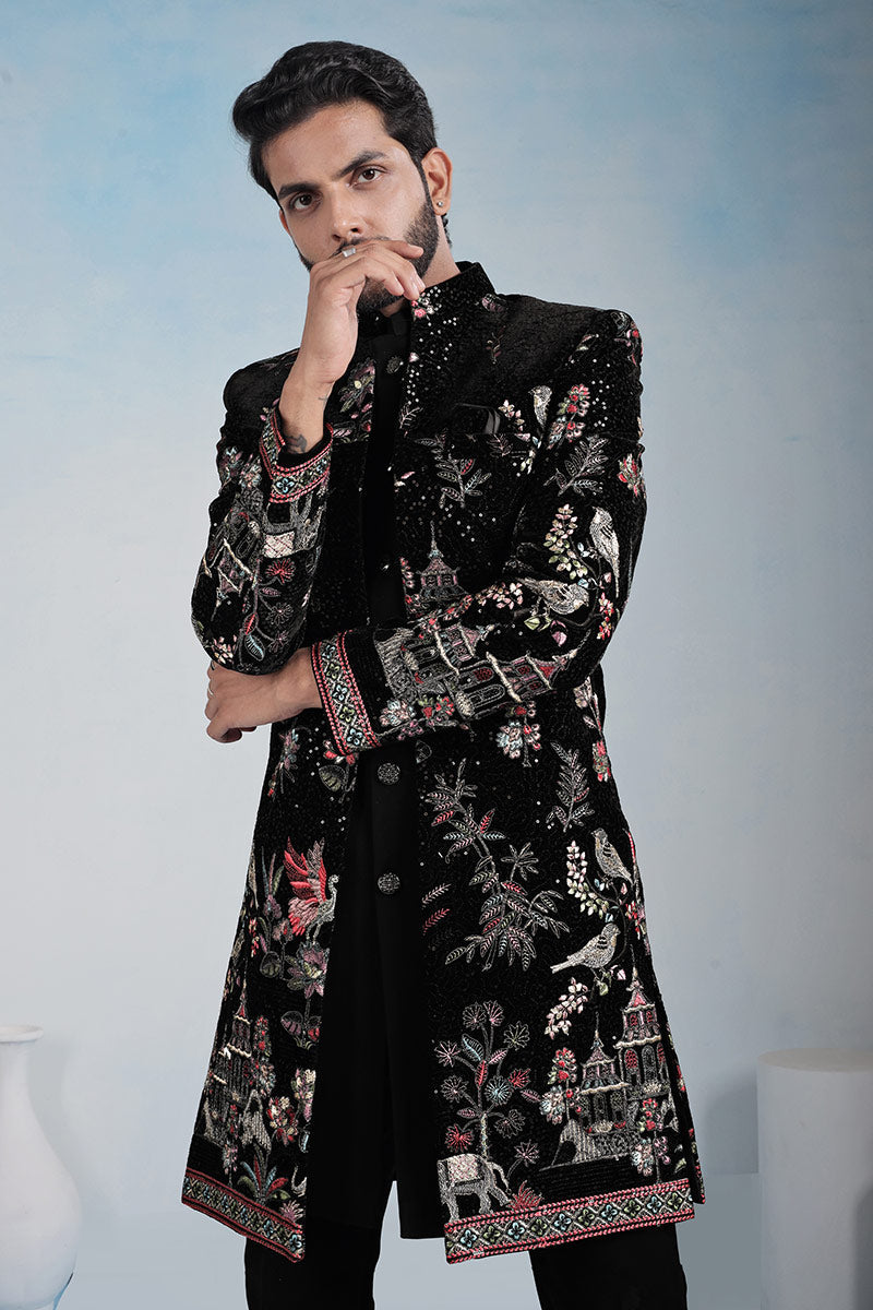 Designer Floral Embroidered Black Indo-Western Wedding Sherwani Set RTI