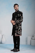 Designer Floral Embroidered Black Indo-Western Wedding Sherwani Set RTI