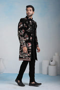 Designer Floral Embroidered Black Indo-Western Wedding Sherwani Set RTI