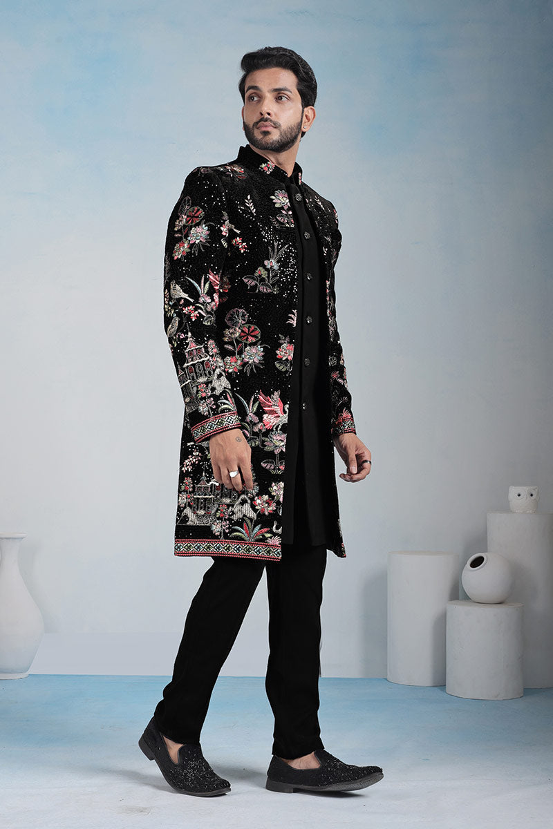 Designer Floral Embroidered Black Indo-Western Wedding Sherwani Set RTI