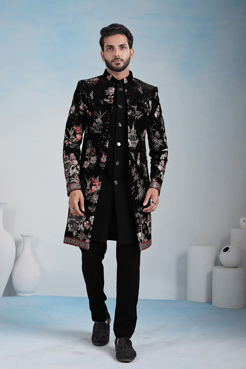 Designer Floral Embroidered Black Indo-Western Wedding Sherwani Set RTI