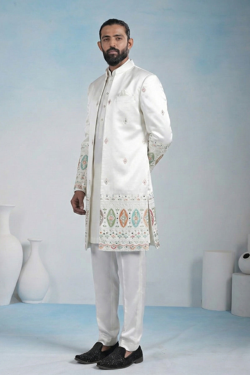 White Regal Indo-Western Embroidered work Jacket Ensemble RTI