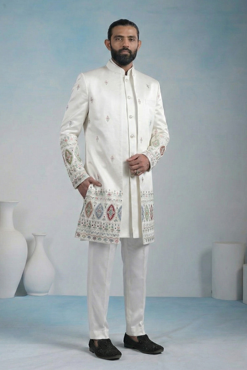 White Regal Indo-Western Embroidered work Jacket Ensemble RTI