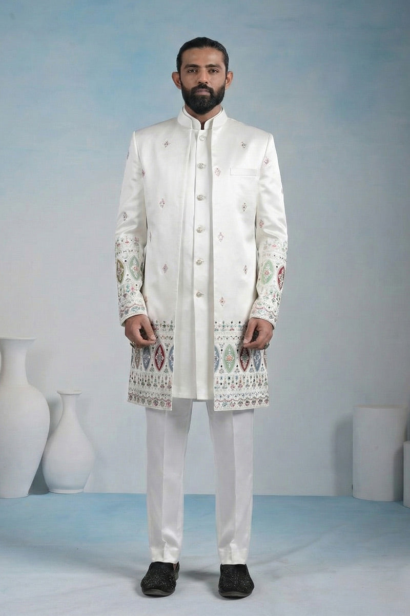 White Regal Indo-Western Embroidered work Jacket Ensemble RTI