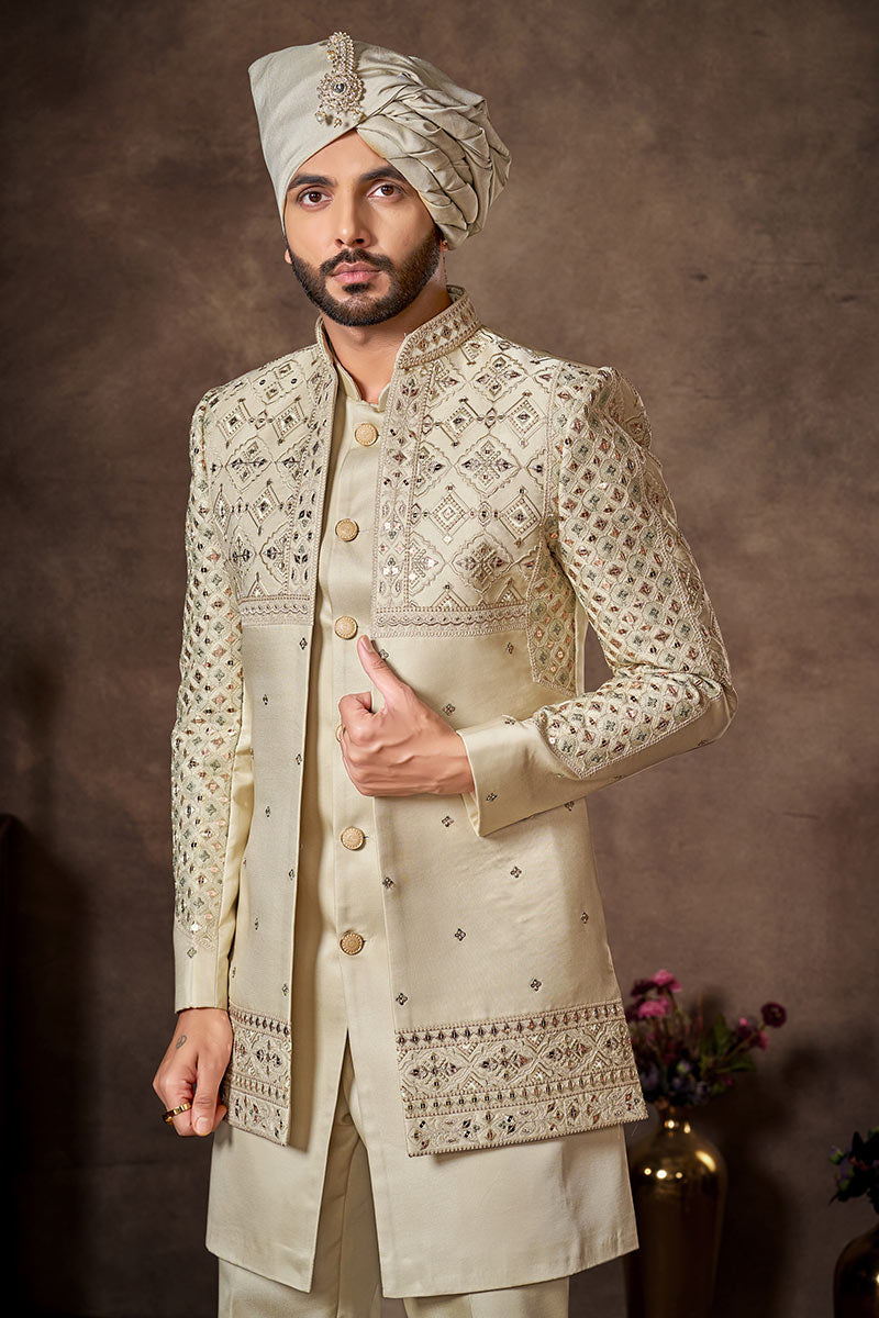 White Regal Indo-Western Embroidered work Jacket Ensemble (Copy) RTI