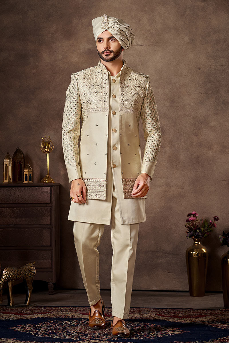 White Regal Indo-Western Embroidered work Jacket Ensemble (Copy) RTI