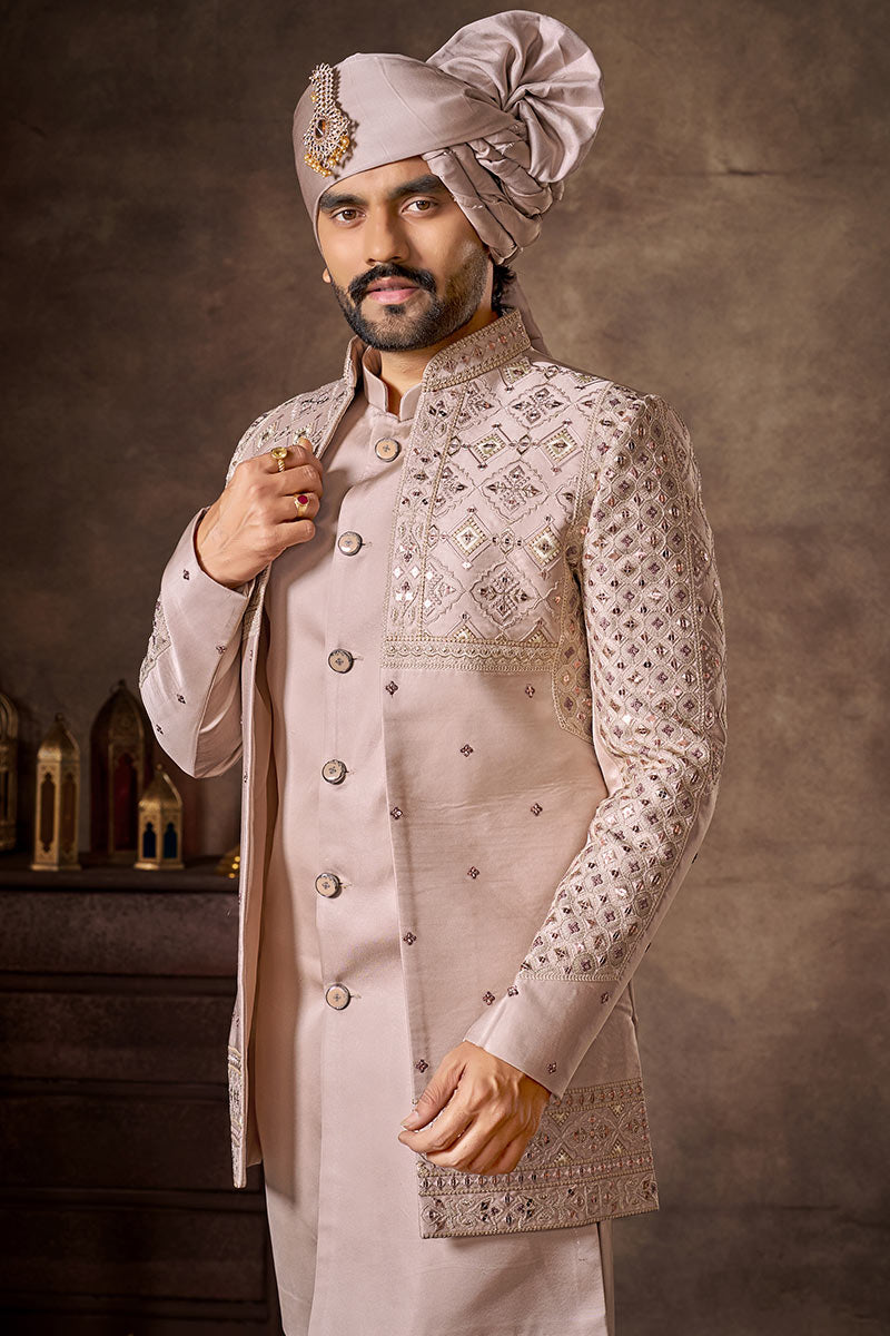 Grand Light Pink Wedding Indo-Western Sherwani Set RTI