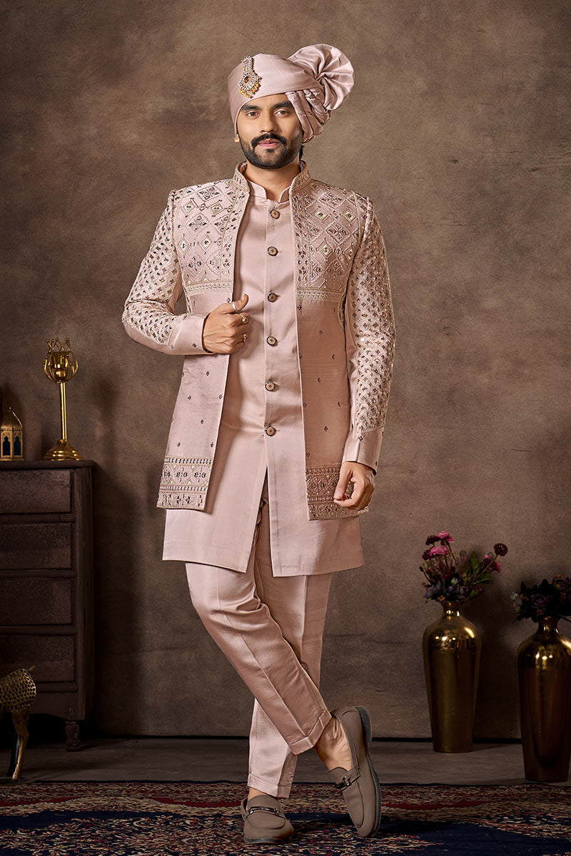 Grand Light Pink Wedding Indo-Western Sherwani Set RTI