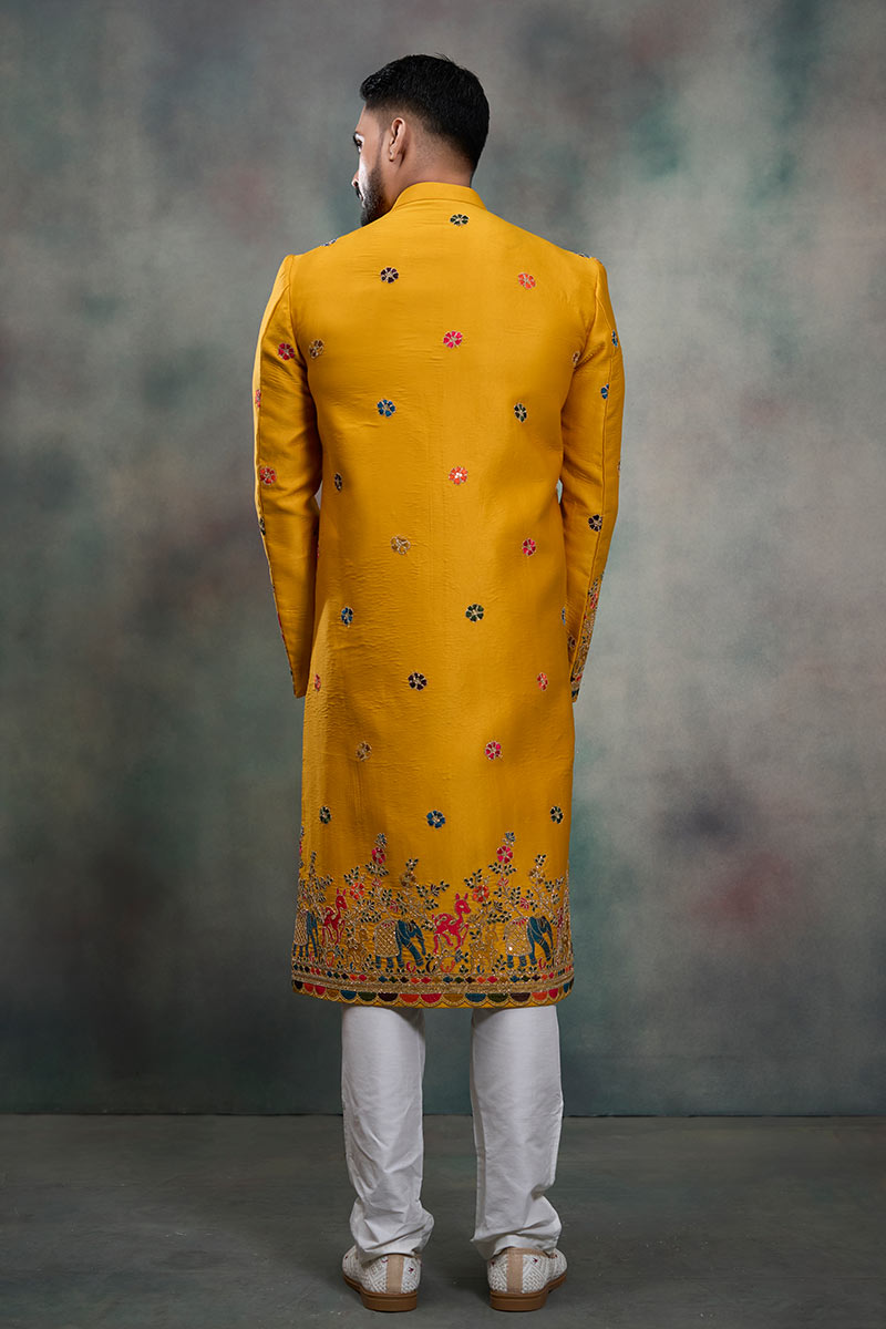 Mustard Heritage Embroidered Sherwani Jacket Set RTI