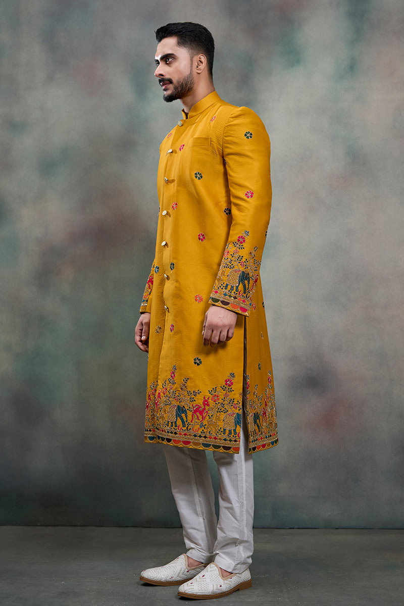 Mustard Heritage Embroidered Sherwani Jacket Set RTI