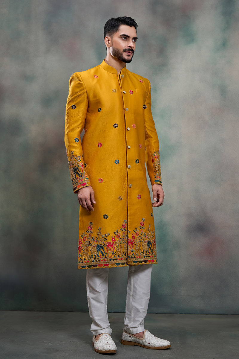 Mustard Heritage Embroidered Sherwani Jacket Set RTI