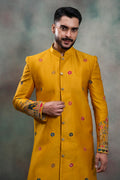 Mustard Heritage Embroidered Sherwani Jacket Set RTI