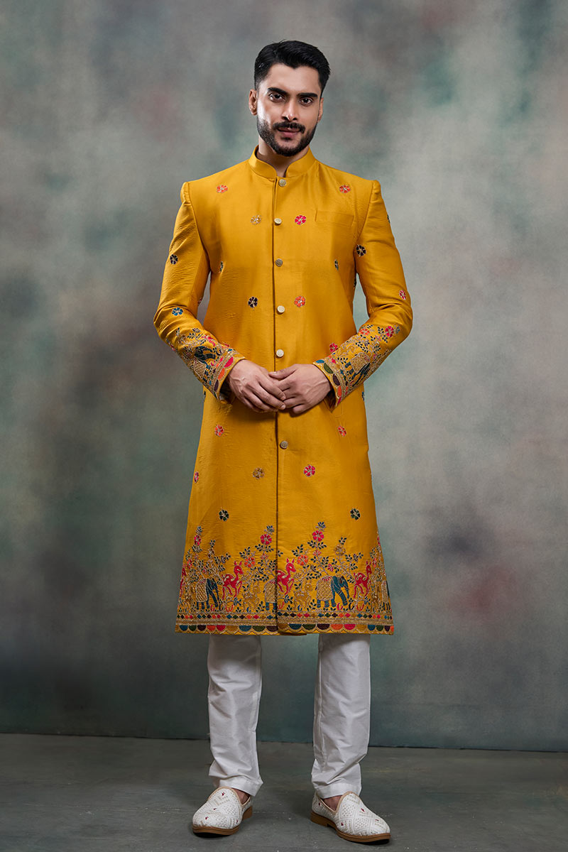 Mustard Heritage Embroidered Sherwani Jacket Set RTI