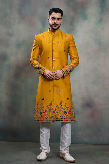 Mustard Heritage Embroidered Sherwani Jacket Set RTI