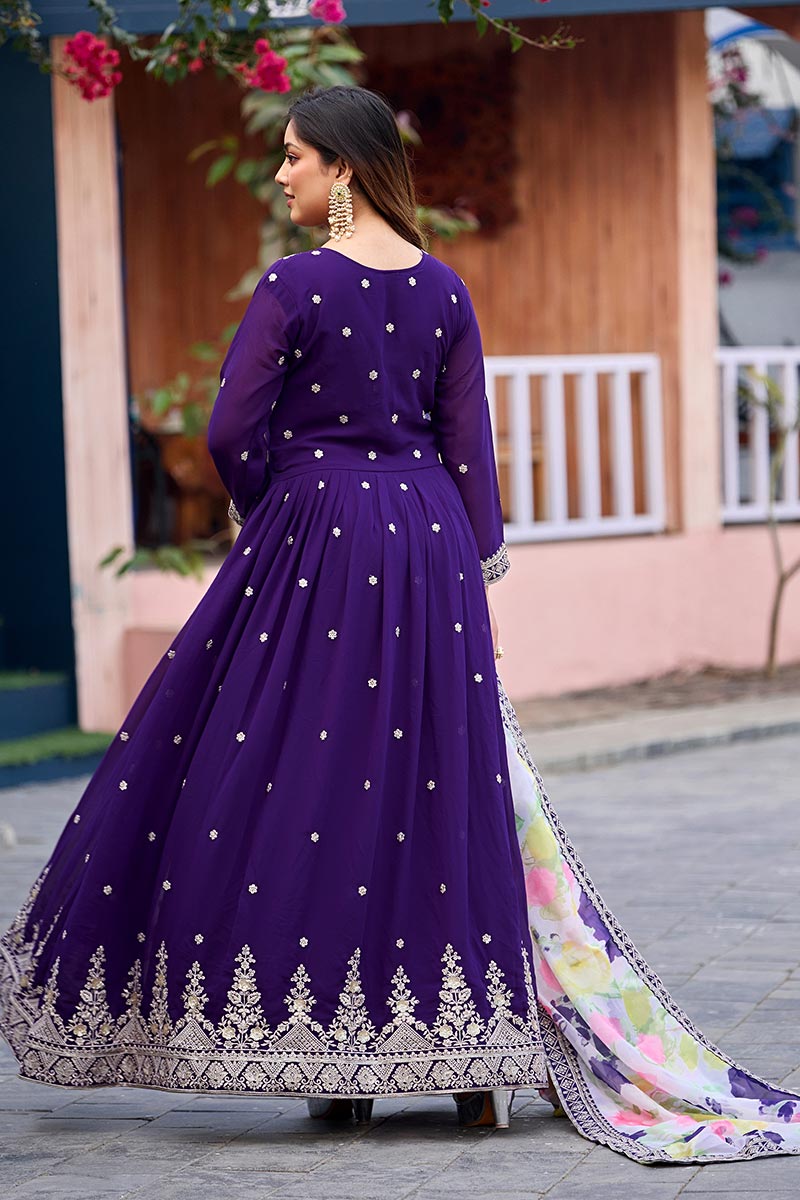 Elegant Purple Gown with Printed Dupatta – Women’s Occasion Wear RTI