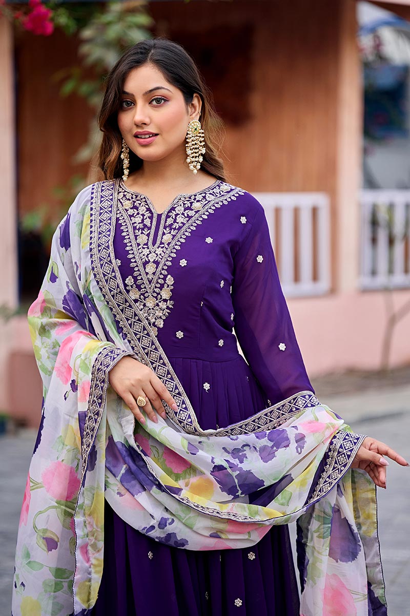 Elegant Purple Gown with Printed Dupatta – Women’s Occasion Wear RTI
