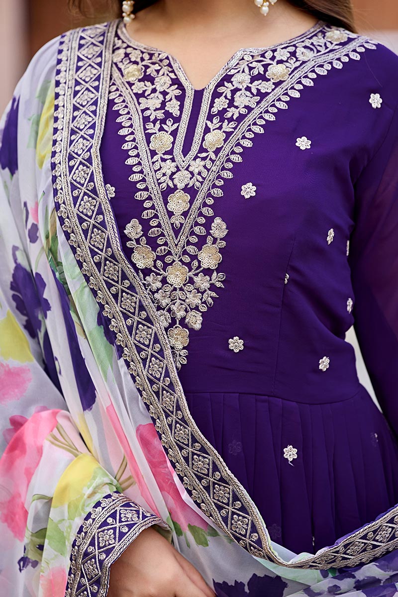 Elegant Purple Gown with Printed Dupatta – Women’s Occasion Wear RTI