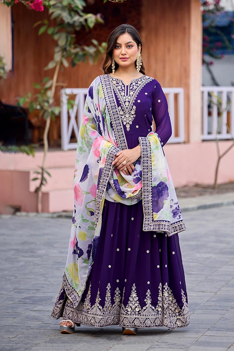 Elegant Purple Gown with Printed Dupatta – Women’s Occasion Wear RTI