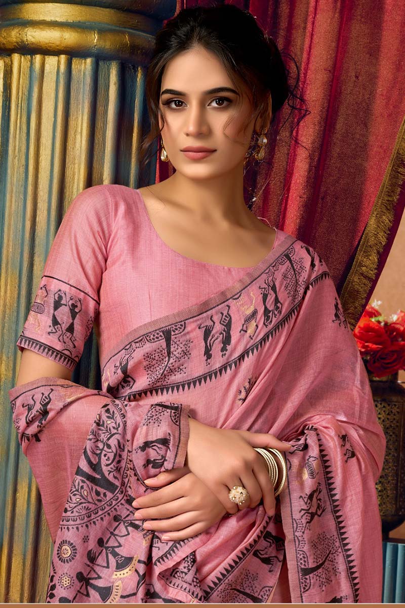 Premium Pink Warli Print Cotton Saree UK | Traditional Tribal Border & Pallu RTI