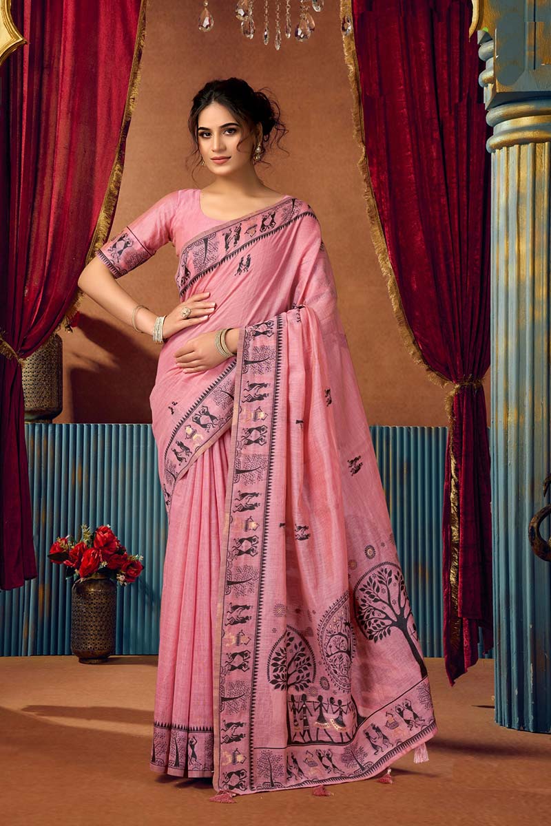 Premium Pink Warli Print Cotton Saree UK | Traditional Tribal Border & Pallu RTI