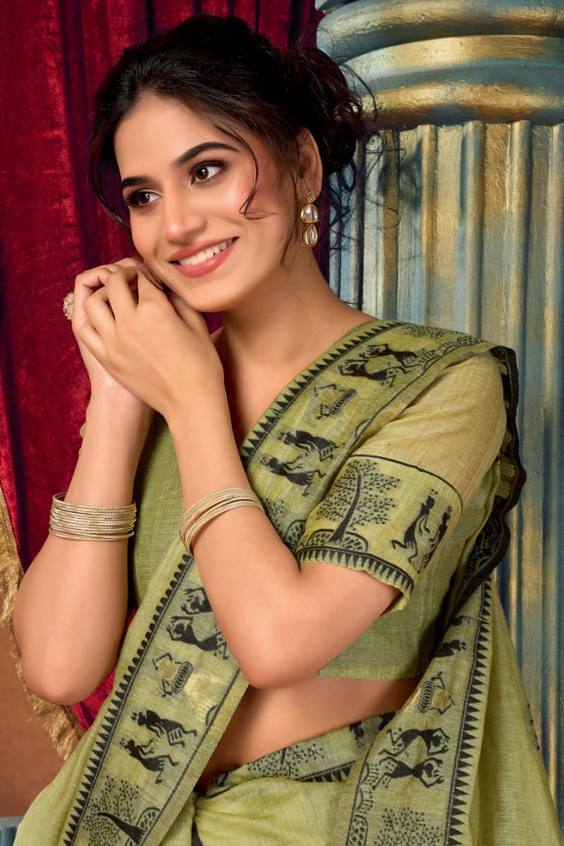 Pista Green Saree – Printed Warli Edit | Cotton Saree with tribal art Design RTI