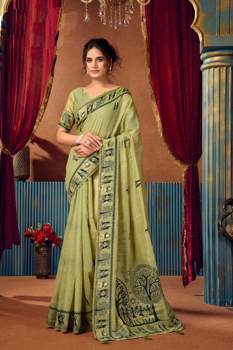 Pista Green Saree – Printed Warli Edit | Cotton Saree with tribal art Design RTI