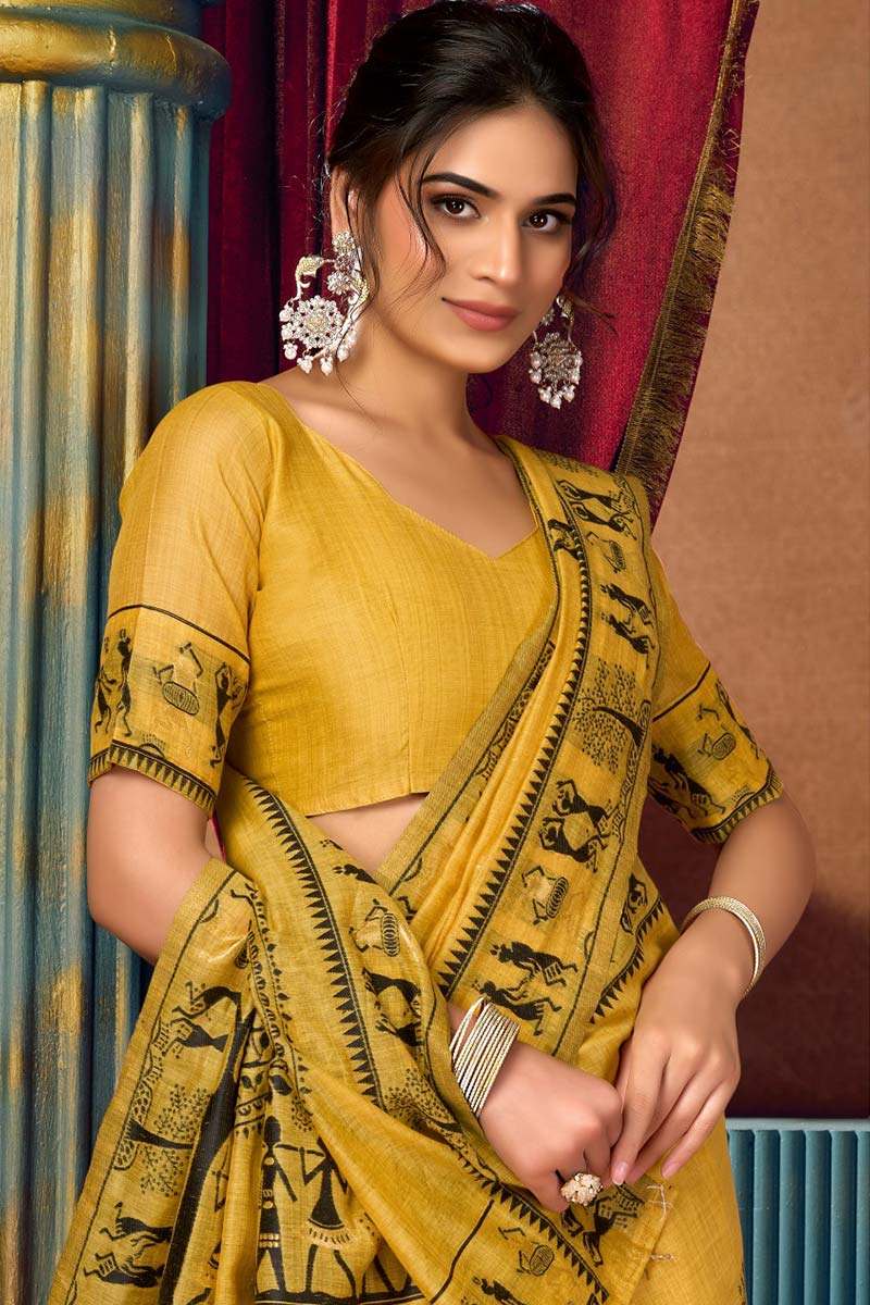 Yellow Earthy Elegance – Warli Border Saree | Tribal Print RTI