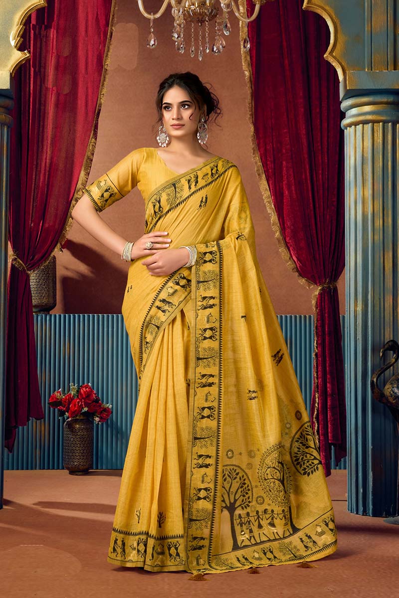 Yellow Earthy Elegance – Warli Border Saree | Tribal Print RTI