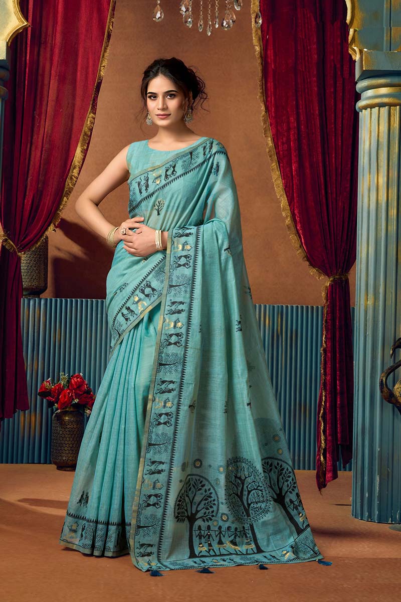 Blue Folk Rhythm – Soft Cotton Festive Saree | Traditional tribal art RTI