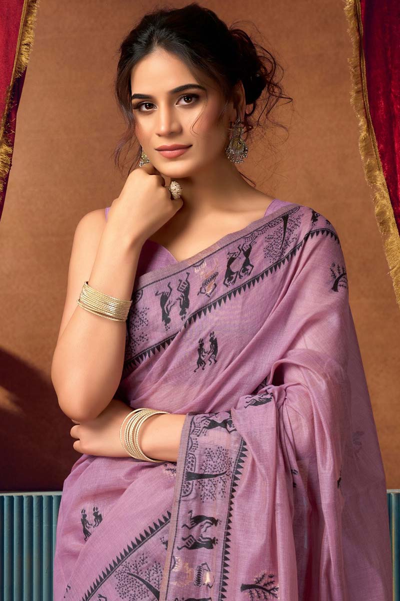 Lavender Printed Warli Work | Trendy Cotton Sarees RTI