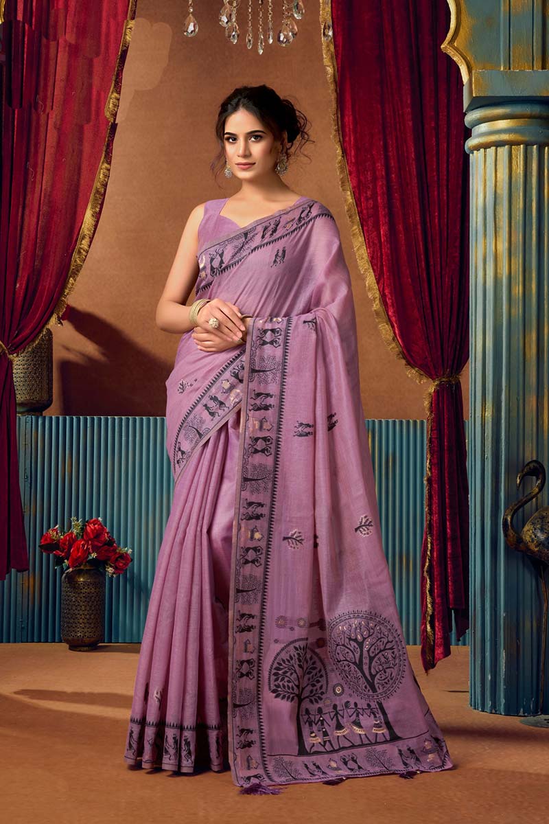 Lavender Printed Warli Work | Trendy Cotton Sarees RTI