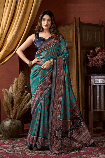 Teal Emerald Elegance: Heritage Printed Saree | Party Wear Sarees RTI