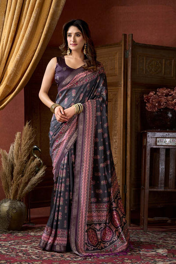 Royal Black Motif Saree in Deep Emerald With Jacquard Border RTI