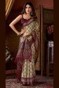 Cream & Maroon Vintage Charm | Printed Silk-Blend Saree RTI