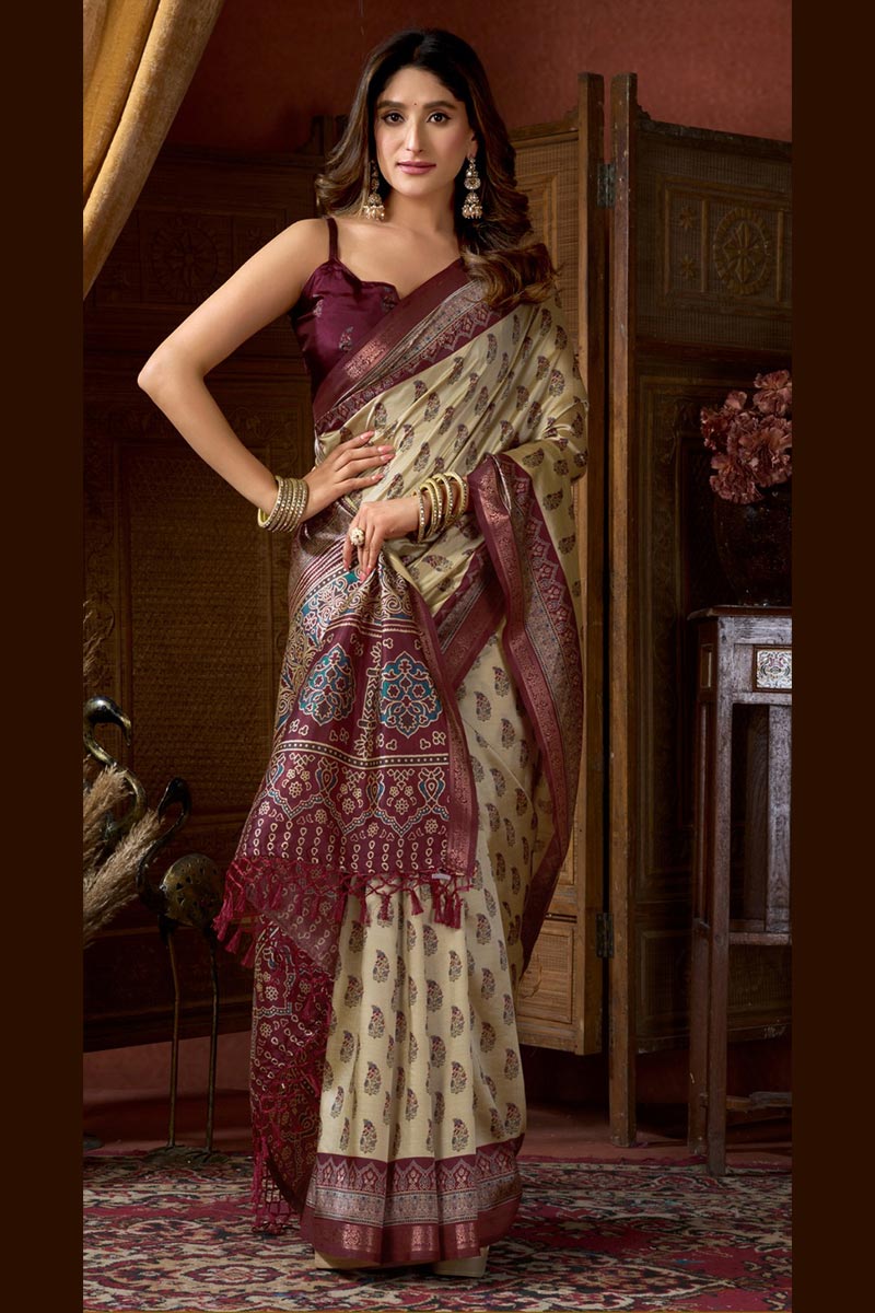 Cream & Maroon Vintage Charm | Printed Silk-Blend Saree RTI