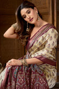 Cream & Maroon Vintage Charm | Printed Silk-Blend Saree RTI