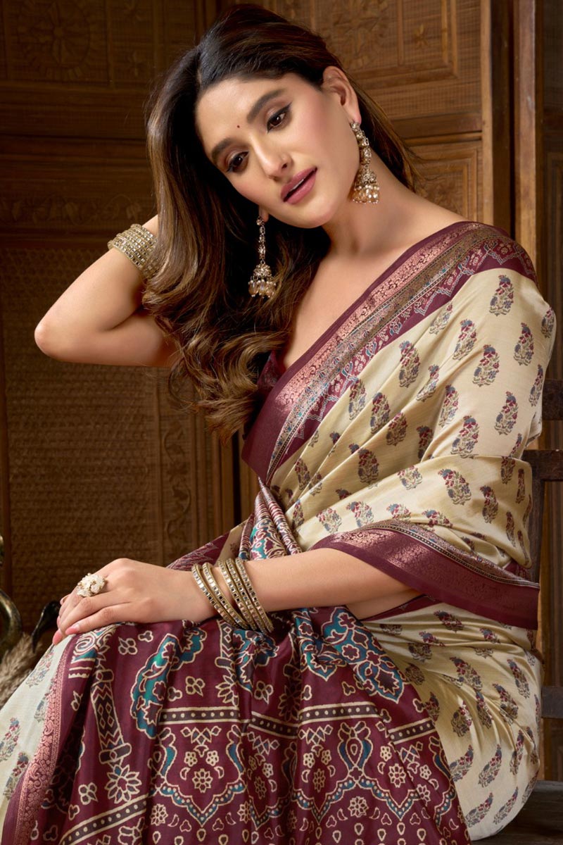 Cream & Maroon Vintage Charm | Printed Silk-Blend Saree RTI