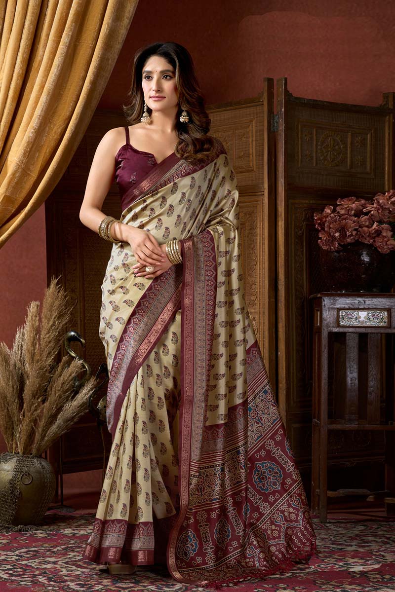 Cream & Maroon Vintage Charm | Printed Silk-Blend Saree RTI